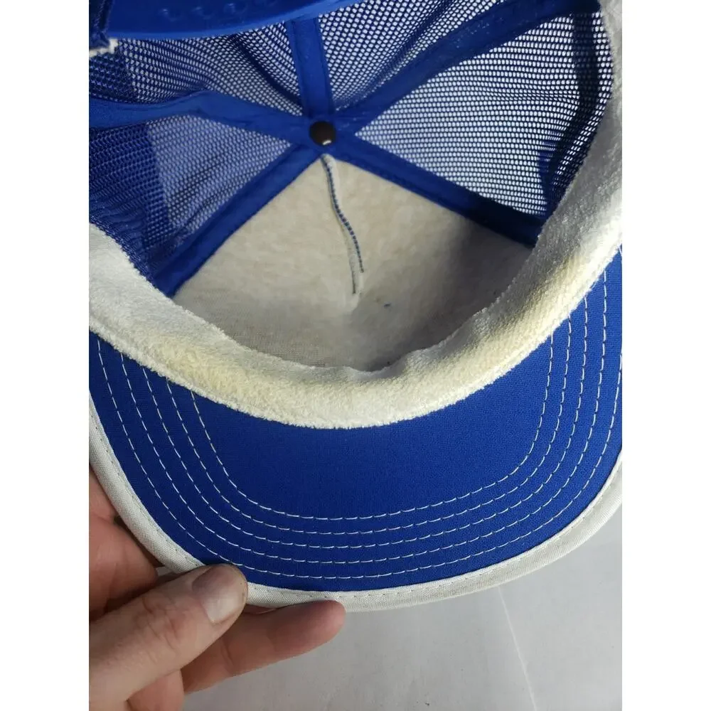 Vintage Three Stripe Trucker Hat USA Mesh 70s 80s Blue Metal SnapBack